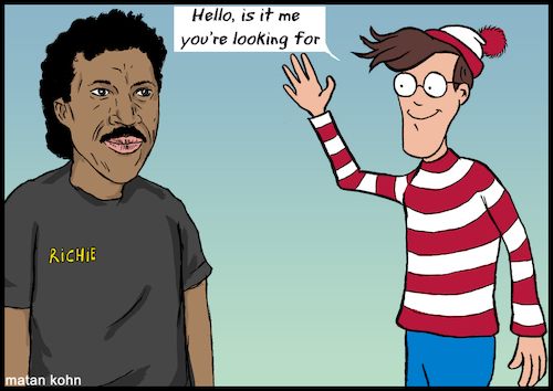 Cartoon: Is it me youre looking for (medium) by matan_kohn tagged caricature,clip,comedy,comic,drawing,fanart,funny,hat,illustration,lionelrichie,love,mark,movie,mtv,music,musicvideo,scary,singer,songs,toon,wally,wave,whereiswally,hello