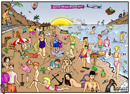 Cartoon: sea of love (medium) by matan_kohn tagged sun,beach,funny,poster,many,people,woter,sea,matan,kohn