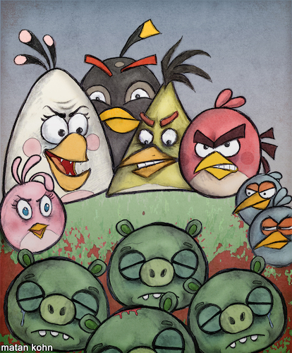 Cartoon: The birds are not so angry (medium) by matan_kohn tagged angrybirds,birds,game,games,gamers,gamer,cellular,phone,computer,computergame,animals,troll,funny,funnymemes,illustration,drawing,painting,art,sketch,blood,scary,horror,caricature