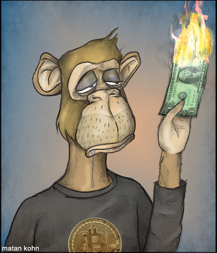 Cartoon: The new money (medium) by matan_kohn tagged nft,nftart,nfts,nftproject,bitcoins,bitcoin,crypto,cryptonews,cryptotrading,digitalmoney,money,illustration,art,drawing,nftmoney,nftmonkey,funny,monkey,burning,digitalart,business,coins,dollar