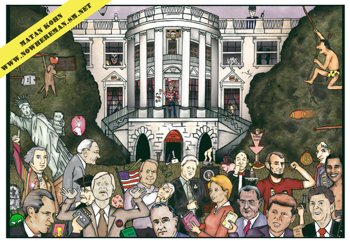 Cartoon: Us presidents in the white house (medium) by matan_kohn tagged roosevelt,franklin,kennedy,johnson,lyndon,nixon,richard,ford,gerald,carter,jimmy,reagan,ronald,clinton,bill,bush,adams,john,washington,george,kohn,matan,america,house,white,presidents,us