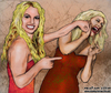 Cartoon: Britney Spears vs. Christina Agu (small) by matan_kohn tagged britney spears christina aguilera matan kohn fight funny caricature bitch brown drawing music song punch face