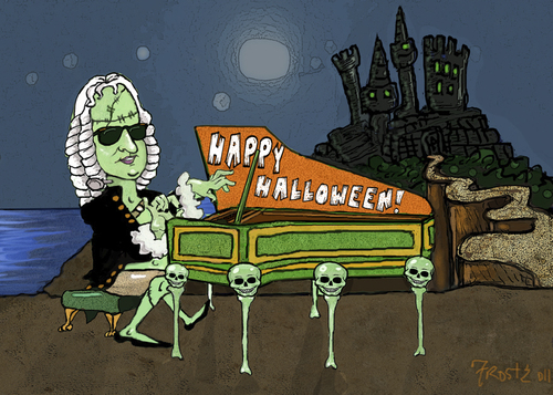 Cartoon: Bachenstein says Happy Halloween (medium) by frostyhut tagged bach,halloween,holiday,scary,castle,harpsichord,piano,baroque,classical,music,composer
