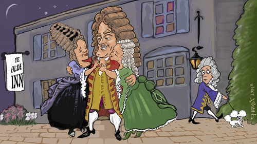 Cartoon: Henry Purcell and Friends (medium) by frostyhut tagged composer,english,baroque,wig,classical,music,classicalmusic,inn,tavern,pub,poodle,drink,drinking