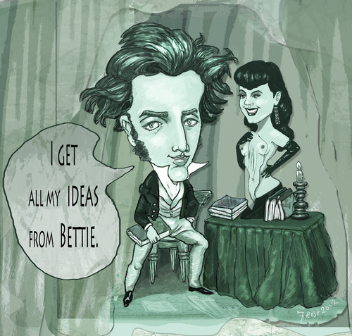 Cartoon: Kierkegaard and Bettie Page (medium) by frostyhut tagged boobs,existentialism,books,page,bettie,philosophy,kierkegaard
