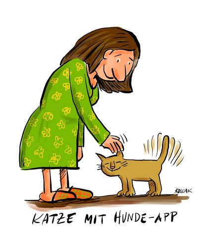Cartoon: App (medium) by Kossak tagged katze,cat,hund,dog,app,smartphone,handy,wedeln,haustier,pet,katze,cat,hund,dog,app,smartphone,handy,wedeln,haustier,pet