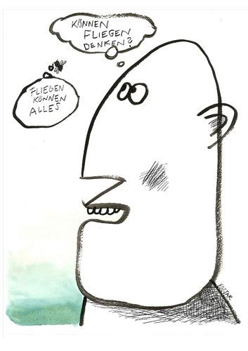 Cartoon: Können Fliegen denken? (medium) by Kossak tagged fliege,fly,mensch,man,denken,think,hirn,brain,gedanke,thought