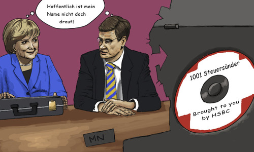 Cartoon: 1001 Steuersuender (medium) by flintstone73 tagged steuersuender,cd,steuerparadies,illegal,merkel,westerwelle
