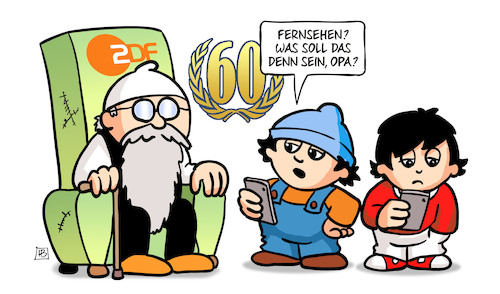Cartoon: 60 Jahre ZDF (medium) by Harm Bengen tagged fernsehen,opa,zdf,60,jahre,mainzelmännchen,harm,bengen,cartoon,karikatur,fernsehen,opa,zdf,60,jahre,mainzelmännchen,harm,bengen,cartoon,karikatur