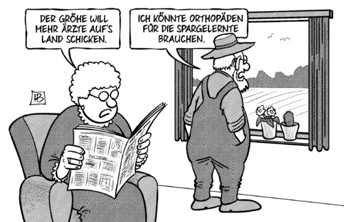 Cartoon: Ärzte aufs Land (medium) by Harm Bengen tagged gröhe,gesundheitsminister,arzt,ärzte,land,landwirtschaft,bauer,zeitung,facharzt,orthopäden,spargelernte,gesundheitsversorgung,harm,bengen,cartoon,karikatur