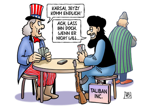 Cartoon: Afghanistan-Verhandlungen (medium) by Harm Bengen tagged afghanistan,verhandlungen,usa,taliban,karsai,doha,katar,uncle,sam,poker,krieg,terror,nato,isaf,harm,bengen,cartoon,karikatur,afghanistan,verhandlungen,usa,taliban,karsai,doha,katar,uncle,sam,poker,krieg,terror,nato,isaf,harm,bengen,cartoon,karikatur