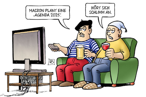 Cartoon: Agenda 2025 (medium) by Harm Bengen tagged macron,agenda,2025,frankreich,deutschland,tv,harm,bengen,cartoon,karikatur,macron,agenda,2025,frankreich,deutschland,tv,harm,bengen,cartoon,karikatur