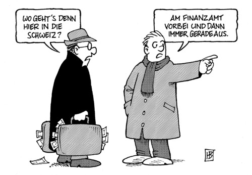 Cartoon: Am Finanzamt vorbei (medium) by Harm Bengen tagged finanzamt,steuer,steuerhinterziehung,steuerflucht,schweiz,datensätze