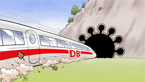 Cartoon: Bahn-Verluste (medium) by Harm Bengen tagged bahn,verluste,corona,tunnel,virus,harm,bengen,cartoon,karikatur,bahn,verluste,corona,tunnel,virus,harm,bengen,cartoon,karikatur