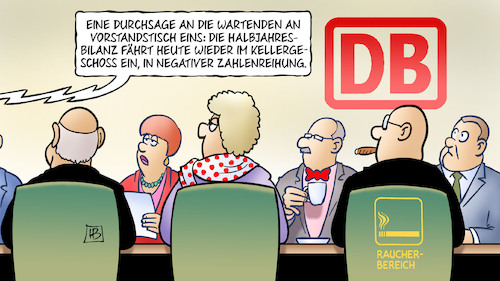 Cartoon: Bahnbilanz (medium) by Harm Bengen tagged durchsage,wartende,vorstandstisch,halbjahresbilanz,kellergeschoss,zahlenreihung,db,bahn,verlust,harm,bengen,cartoon,karikatur,durchsage,wartende,vorstandstisch,halbjahresbilanz,kellergeschoss,zahlenreihung,db,bahn,verlust,harm,bengen,cartoon,karikatur