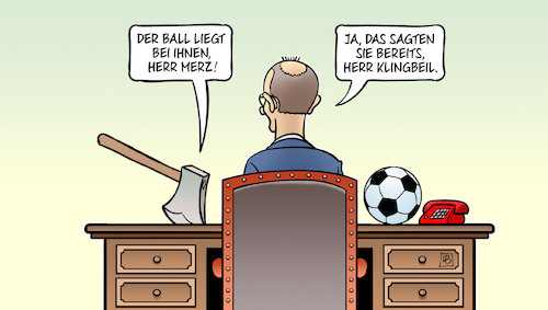 Cartoon: Ball bei Merz (medium) by Harm Bengen tagged ball,merz,klingbeil,axt,beil,schreibtisch,cdu,csu,spd,koalition,bundestagswahl,harm,bengen,cartoon,karikatur,ball,merz,klingbeil,axt,beil,schreibtisch,cdu,csu,spd,koalition,bundestagswahl,harm,bengen,cartoon,karikatur