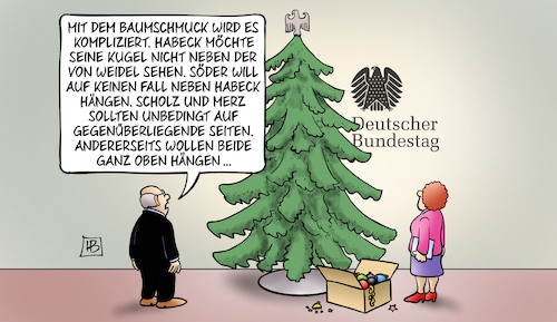 Cartoon: Baumschmuck Bundestag (medium) by Harm Bengen tagged baumschmuck,weihnachtsbaum,weihnachten,bundestag,habeck,kugel,weidel,söder,scholz,merz,harm,bengen,cartoon,karikatur,baumschmuck,weihnachtsbaum,weihnachten,bundestag,habeck,kugel,weidel,söder,scholz,merz,harm,bengen,cartoon,karikatur