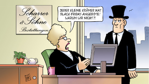 Cartoon: Black Friday 2024 (medium) by Harm Bengen tagged kleine,krämer,black,friday,angebote,scharrer,bestattungen,bestatter,verkauf,einzelhandel,rabattaktionen,harm,bengen,cartoon,karikatur,kleine,krämer,black,friday,angebote,scharrer,bestattungen,bestatter,verkauf,einzelhandel,rabattaktionen,harm,bengen,cartoon,karikatur