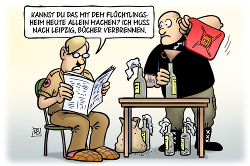 Cartoon: Bücher verbrennen (medium) by Harm Bengen tagged bücher,verbrennen,bücherverbrennung,leipzig,buchmesse,flüchtlingsheim,asyl,flüchtlinge,nazis,faschismus,parteien,rechtsradikal,rechtsextrem,zeitung,harm,bengen,cartoon,karikatur,bücher,verbrennen,bücherverbrennung,leipzig,buchmesse,flüchtlingsheim,asyl,flüchtlinge,nazis,faschismus,parteien,rechtsradikal,rechtsextrem,zeitung,harm,bengen,cartoon,karikatur