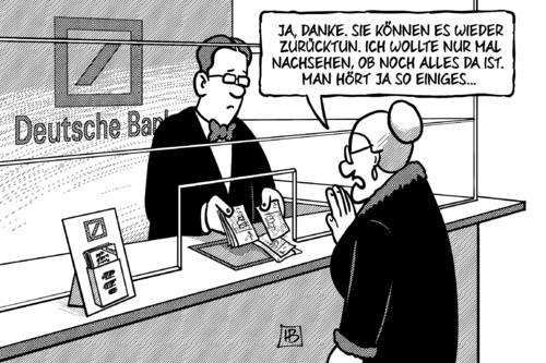 Cartoon: Deutsche Bank Milliardenverlust (medium) by Harm Bengen tagged deutsche,bank,milliardenverlust,milliarden,verlust,investment,geld,fitschen,jain,konto,harm,bengen,cartoon,karikatur