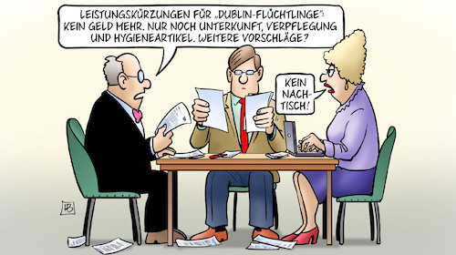 Cartoon: Dublin-Leistungen (medium) by Harm Bengen tagged leistungskürzungen,dublin,flüchtlinge,migration,geld,unterkunft,verpflegung,hygieneartikel,vorschläge,beratung,nachtisch,harm,bengen,cartoon,karikatur,leistungskürzungen,dublin,flüchtlinge,migration,geld,unterkunft,verpflegung,hygieneartikel,vorschläge,beratung,nachtisch,harm,bengen,cartoon,karikatur