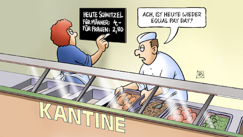 Cartoon: Equal Pay Day 2025 (medium) by Harm Bengen tagged equal,pay,day,gleicher,lohn,bezahlung,gerechtigkeit,gleichberechtigung,frauen,männer,kantine,harm,bengen,cartoon,karikatur,equal,pay,day,gleicher,lohn,bezahlung,gerechtigkeit,gleichberechtigung,frauen,männer,kantine,harm,bengen,cartoon,karikatur