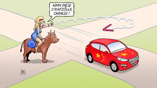 Cartoon: EU-China-Strafzölle (medium) by Harm Bengen tagged strafzoll,strafzölle,chinese,china,eu,europa,stier,kfz,auto,bumerang,elektroautos,elektromobilität,harm,bengen,cartoon,karikatur,strafzoll,strafzölle,chinese,china,eu,europa,stier,kfz,auto,bumerang,elektroautos,elektromobilität,harm,bengen,cartoon,karikatur