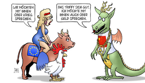 Cartoon: EU-Frankreich-China (medium) by Harm Bengen tagged geld,eu,europa,stier,gallischer,hahn,drache,china,frankreich,krieg,ukraine,russland,harm,bengen,cartoon,karikatur,geld,eu,europa,stier,gallischer,hahn,drache,china,frankreich,krieg,ukraine,russland,harm,bengen,cartoon,karikatur