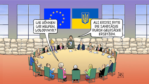Cartoon: EU-Ukraine-Gipfel (medium) by Harm Bengen tagged wolodymyr,selenskyj,sandsäcke,geldsäcke,von,der,leyen,vdl,eu,europa,gipfel,krieg,ukraine,russland,harm,bengen,cartoon,karikatur,wolodymyr,selenskyj,sandsäcke,geldsäcke,von,der,leyen,vdl,eu,europa,gipfel,krieg,ukraine,russland,harm,bengen,cartoon,karikatur
