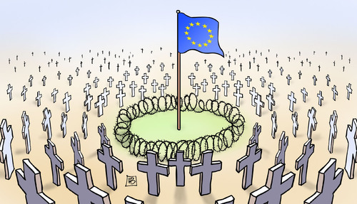 Cartoon: Europa umzingelt (medium) by Harm Bengen tagged flüchtlingspolitik,eu,europa,abschiebung,umzingelt,tod,friedhof,kreuze,asyl,flüchtlinge,harm,bengen,cartoon,karikatur,flüchtlingspolitik,eu,europa,abschiebung,umzingelt,tod,friedhof,kreuze,asyl,flüchtlinge,harm,bengen,cartoon,karikatur