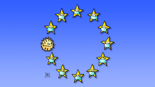 Cartoon: Europa und Corona (medium) by Harm Bengen tagged coronavirus,krankheit,pandemie,panik,sterne,europa,mundschutz,harm,bengen,cartoon,karikatur,coronavirus,krankheit,pandemie,panik,sterne,europa,mundschutz,harm,bengen,cartoon,karikatur