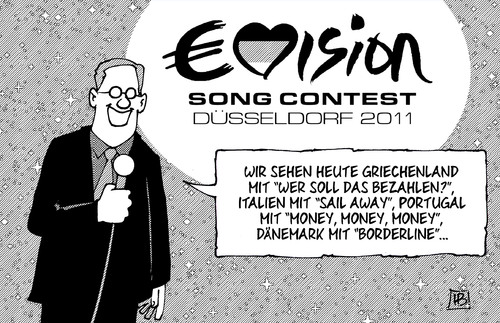 Cartoon: Eurovision Song Contest 2011 (medium) by Harm Bengen tagged eurovision song contest,musik,euro,griechenland,eu,portugal,italien,dänemark,geld,wirtschaft,tv,düsseldorf,eurovision,song,contest