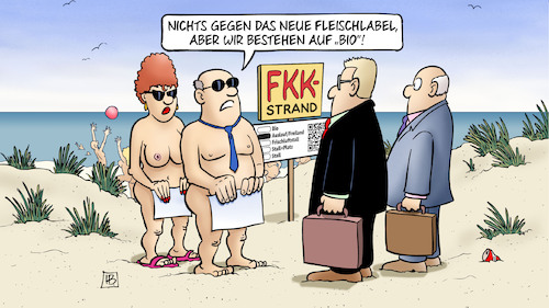 Cartoon: Fleischlabel (medium) by Harm Bengen tagged fkk,fleischlabel,kennzeichnungspflicht,tierhaltung,strand,urlaub,label,bio,bundestag,harm,bengen,cartoon,karikatur,fkk,fleischlabel,kennzeichnungspflicht,tierhaltung,strand,urlaub,label,bio,bundestag,harm,bengen,cartoon,karikatur