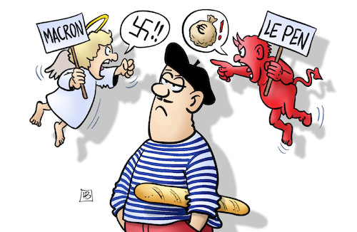 Cartoon: Frankreich-Wahl (medium) by Harm Bengen tagged frankreich,franzose,wahl,macron,lepen,nazi,geldsack,engel,teufel,harm,bengen,cartoon,karikatur,frankreich,franzose,wahl,macron,lepen,nazi,geldsack,engel,teufel,harm,bengen,cartoon,karikatur