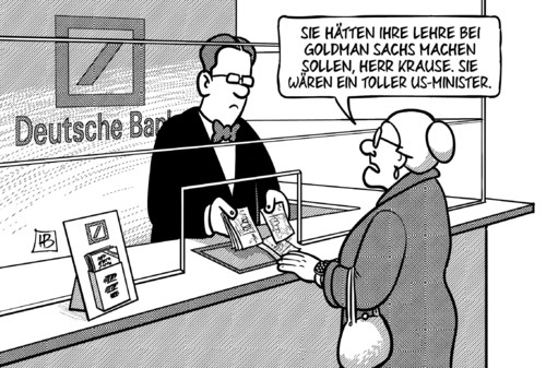 Cartoon: Goldman Sachs (medium) by Harm Bengen tagged lehre,ausbildung,goldman,sachs,bank,usa,wahl,trump,regierung,minister,susemil,harm,bengen,cartoon,karikatur