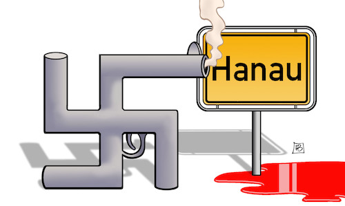Cartoon: Hanau-Terror (medium) by Harm Bengen tagged hanau,terrorismus,rechtsextremismus,nazis,mord,blut,ortsschild,hakenkreuz,waffe,harm,bengen,cartoon,karikatur,hanau,terrorismus,rechtsextremismus,nazis,mord,blut,ortsschild,hakenkreuz,waffe,harm,bengen,cartoon,karikatur