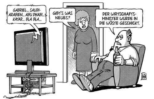 Cartoon: In die Wüste (medium) by Harm Bengen tagged deutscher,wirtschaftsminister,gabriel,blut,wueste,regierung,tv,saudi,arabien,abu,dhabi,katar,menschenrechte,waffenexporte,harm,bengen,cartoon,karikatur