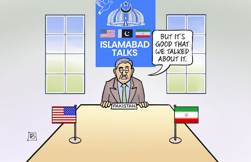 Cartoon: Islamabad NonTalks (medium) by Harm Bengen tagged islamabad,nontalks,talks,pakistan,usa,iran,war,peace,harm,bengen,cartoon,caricature,islamabad,nontalks,talks,pakistan,usa,iran,war,peace,harm,bengen,cartoon,caricature