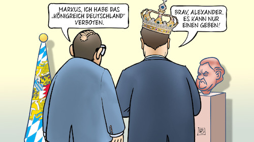Cartoon: Königreich Deutschland (medium) by Harm Bengen tagged markus,söder,königreich,deutschland,verboten,reichsbürger,alexander,dobrindt,könig,krone,bayern,harm,bengen,cartoon,karikatur,markus,söder,königreich,deutschland,verboten,reichsbürger,alexander,dobrindt,könig,krone,bayern,harm,bengen,cartoon,karikatur