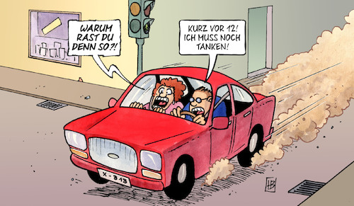 Cartoon: Kurz vor 12 (medium) by Harm Bengen tagged kfz,auto,rasen,schnell,12,tanken,tankstelle,ölpreis,benzinpreise,harm,bengen,cartoon,karikatur,kfz,auto,rasen,schnell,12,tanken,tankstelle,ölpreis,benzinpreise,harm,bengen,cartoon,karikatur