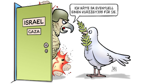 Cartoon: Kurzzeitjob (medium) by Harm Bengen tagged kurzzeitjob,friedenstaube,taube,falke,tür,gaza,deal,abkommen,israel,hamas,palästina,harm,bengen,cartoon,karikatur,kurzzeitjob,friedenstaube,taube,falke,tür,gaza,deal,abkommen,israel,hamas,palästina,harm,bengen,cartoon,karikatur