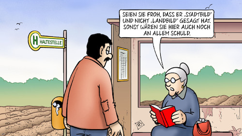 Cartoon: Landbild (medium) by Harm Bengen tagged landbild,schuld,susemil,ausländer,flüchtling,bushaltestelle,merz,stadtbild,migration,rassismus,hetze,harm,bengen,cartoon,karikatur,landbild,schuld,susemil,ausländer,flüchtling,bushaltestelle,merz,stadtbild,migration,rassismus,hetze,harm,bengen,cartoon,karikatur