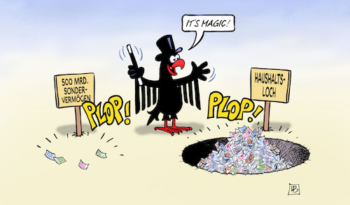 Cartoon: Magic-Sondervermögen (medium) by Harm Bengen tagged magic,zauberer,zaubertrick,adler,bundesadler,sondervermögen,haushaltsloch,geld,verschwinden,schilder,harm,bengen,cartoon,karikatur,magic,zauberer,zaubertrick,adler,bundesadler,sondervermögen,haushaltsloch,geld,verschwinden,schilder,harm,bengen,cartoon,karikatur