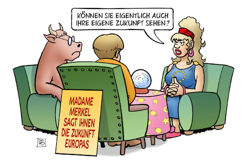 Cartoon: Merkel und Europa (medium) by Harm Bengen tagged merkel,europa,stier,wahrsagerin,rede,europaparlament,zukunft,harm,bengen,cartoon,karikatur,merkel,europa,stier,wahrsagerin,rede,europaparlament,zukunft,harm,bengen,cartoon,karikatur