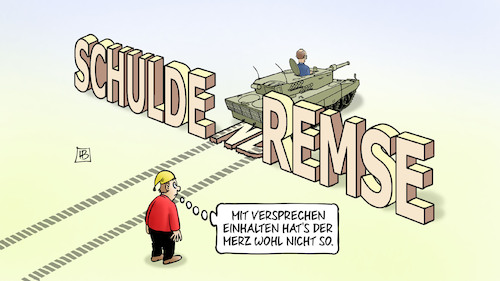 Cartoon: Merz und Schuldenbremse (medium) by Harm Bengen tagged merz,schuldenbremse,staatsverschuldung,panzer,wahlversprechen,versprechen,vertrauen,michel,harm,bengen,cartoon,karikatur,merz,schuldenbremse,staatsverschuldung,panzer,wahlversprechen,versprechen,vertrauen,michel,harm,bengen,cartoon,karikatur