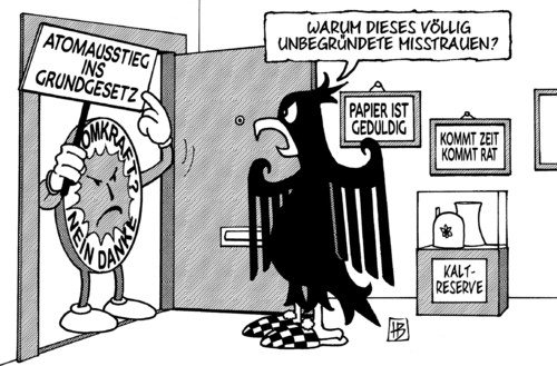 Cartoon: Mißtrauen (medium) by Harm Bengen tagged mißtrauen,atom,atomausstieg,atomkraft,kernkraft,akw,protest,demo,abschalten,kaltreserve,bundesadler