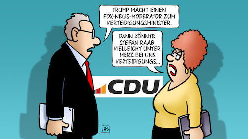 Cartoon: Moderator-Minister (medium) by Harm Bengen tagged trump,fox,news,moderator,verteidigungsminister,cdu,stefan,raab,merz,neuwahlen,minister,harm,bengen,cartoon,karikatur,trump,fox,news,moderator,verteidigungsminister,cdu,stefan,raab,merz,neuwahlen,minister,harm,bengen,cartoon,karikatur