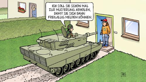 Cartoon: Musterung und Freiwilligkeit (medium) by Harm Bengen tagged panzer,haustür,jugendlicher,musterung,abholen,freiwillig,melden,bundeswehr,kriegsdienst,wehrdienst,harm,bengen,cartoon,karikatur,panzer,haustür,jugendlicher,musterung,abholen,freiwillig,melden,bundeswehr,kriegsdienst,wehrdienst,harm,bengen,cartoon,karikatur