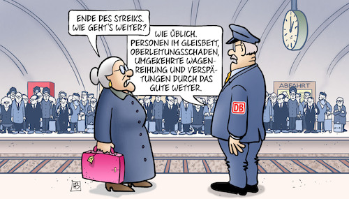 Cartoon: Nach dem Bahnstreik (medium) by Harm Bengen tagged streikende,reisende,fahrgäste,bahnhof,lokführer,gewerkschaft,bahn,bahnstreik,gdl,db,susemil,harm,bengen,cartoon,karikatur,streikende,reisende,fahrgäste,bahnhof,lokführer,gewerkschaft,bahn,bahnstreik,gdl,db,susemil,harm,bengen,cartoon,karikatur