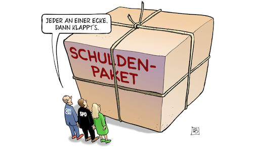 Cartoon: Paket stemmen (medium) by Harm Bengen tagged ecke,stemmen,hochheben,merz,klingbeil,droege,cdu,csu,spd,grüne,geld,schuldenpaket,sondervermögen,bundestag,schuldenbremse,harm,bengen,cartoon,karikatur,ecke,stemmen,hochheben,merz,klingbeil,droege,cdu,csu,spd,grüne,geld,schuldenpaket,sondervermögen,bundestag,schuldenbremse,harm,bengen,cartoon,karikatur